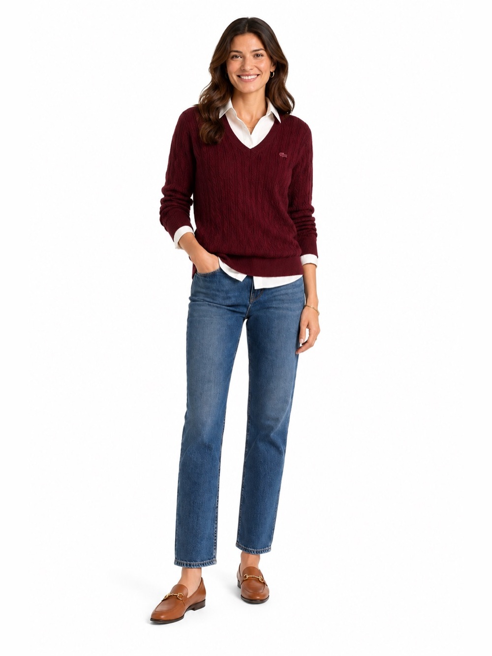 Lacoste Cable Knit V-Neck Sweater in Wine